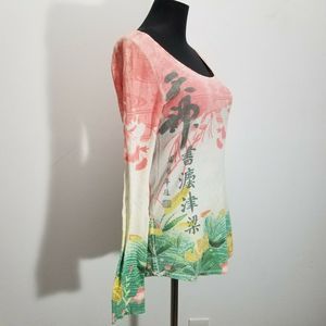 Lucky Brand Blouse Top Asian Symbol Floral Thermal